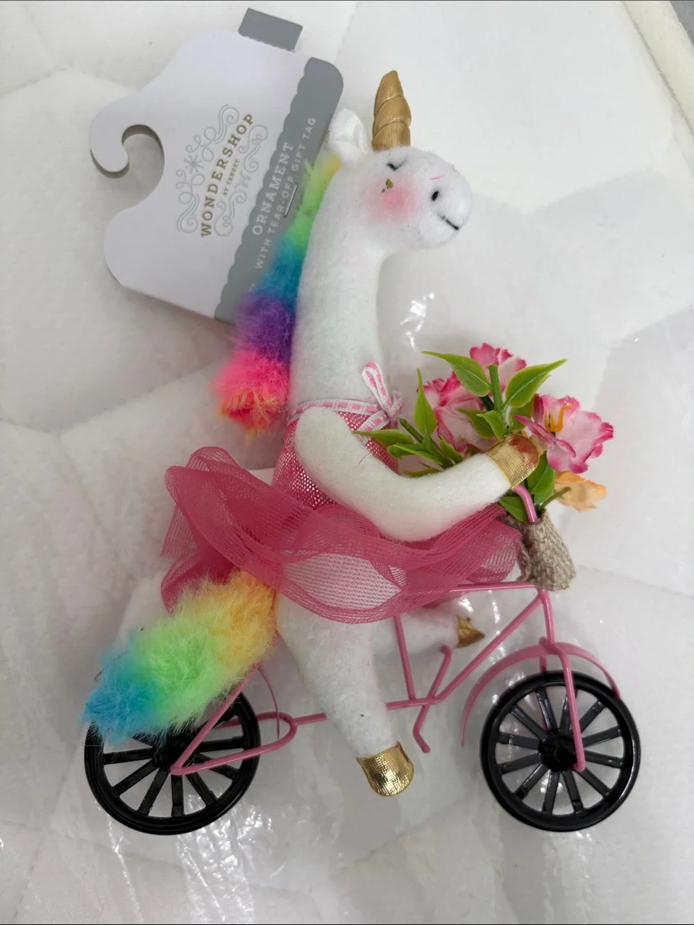 Wondershop White Unicorn on Pink Bicycle with Rainbow Mane and Gold Accents